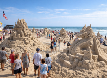 Texas SandFest Port Aransas sand sculptures on beach with visitors enjoying festival