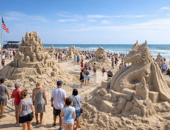 Texas SandFest Port Aransas sand sculptures on beach with visitors enjoying festival