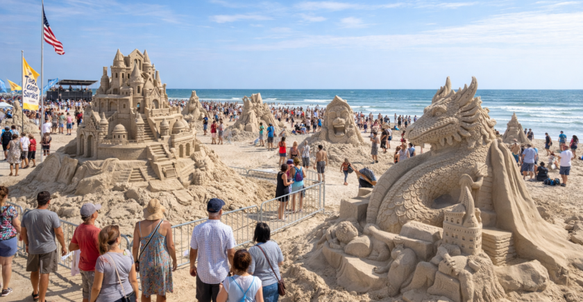 Texas SandFest Port Aransas sand sculptures on beach with visitors enjoying festival